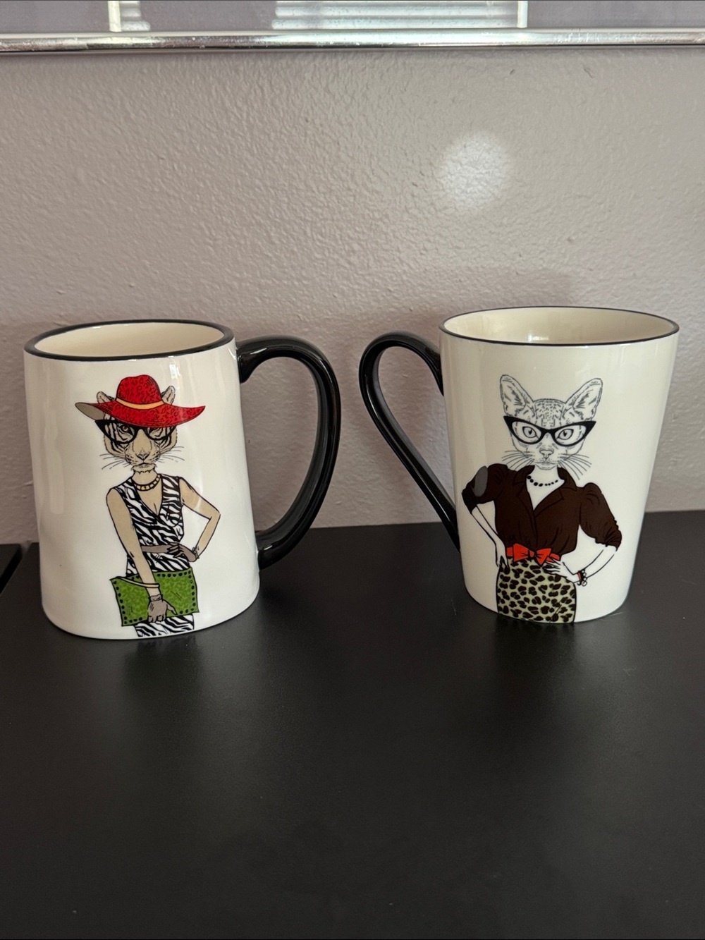 White Ceramic Cat Fashion Mug with Black Handle - Set of 2